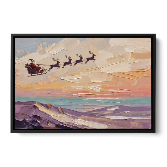 Santa Sleigh Painting Over Lavender Hills - Black Framed Canvas Wall Art - Front