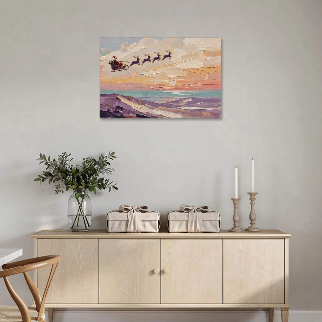 Santa Sleigh Painting Over Lavender Hills - Canvas Wall Art - Coffee Table - 36x24