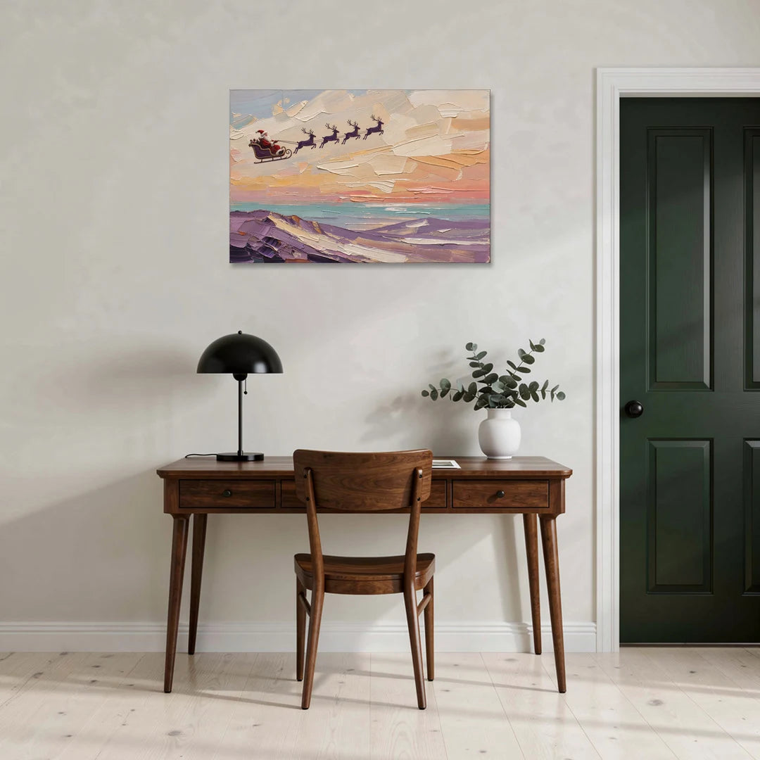 Santa Sleigh Painting Over Lavender Hills - Canvas Wall Art - Office - 36x24