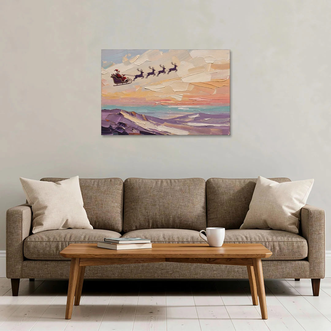 Santa Sleigh Painting Over Lavender Hills - Canvas Wall Art - Sofa - 36x24