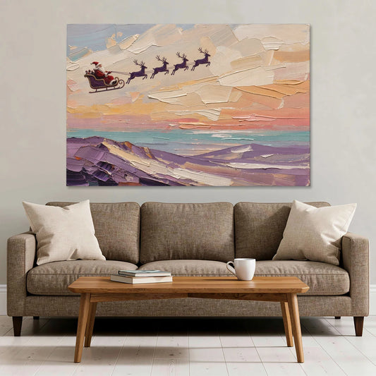 Santa Sleigh Painting Over Lavender Hills - Canvas Wall Art - Sofa - 60x40