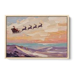 Santa Sleigh Painting Over Lavender Hills - Oak Framed Canvas Wall Art - Front