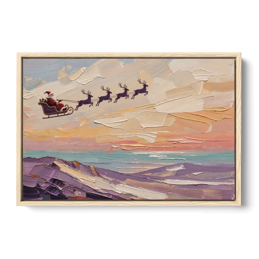 Santa Sleigh Painting Over Lavender Hills - Oak Framed Canvas Wall Art - Front