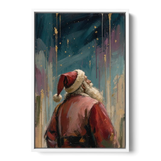 Contemporary Christmas Santa Under Gold Stars - White Framed Canvas Wall Art - Front