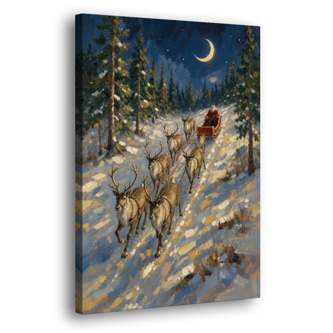 Santa and Reindeer Canvas Climbing to the Crescent Moon - Canvas Wall Art - Side