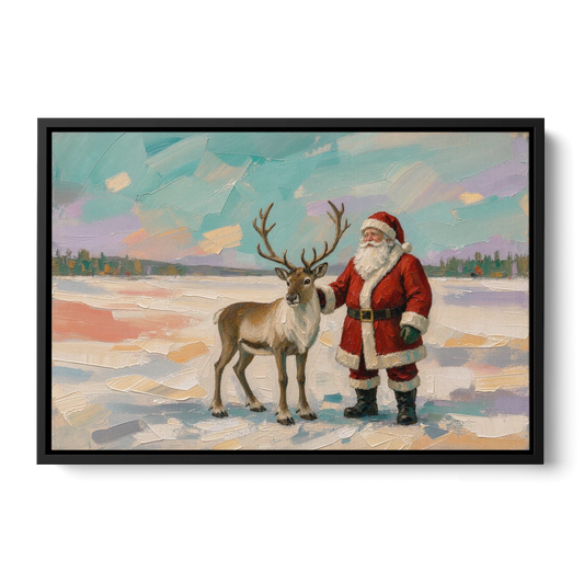 Santa and Reindeer Painting on the Open Snow - Black Framed Canvas Wall Art - Front