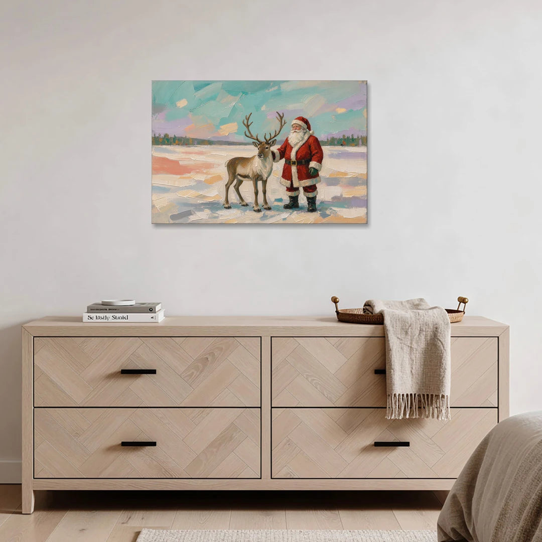 Santa and Reindeer Painting on the Open Snow - Canvas Wall Art - Coffee Table - 36x24