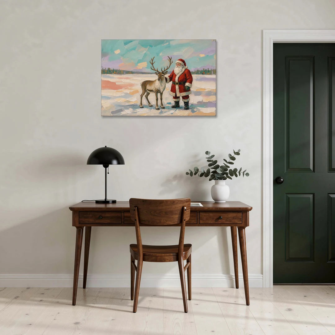 Santa and Reindeer Painting on the Open Snow - Canvas Wall Art - Office - 36x24