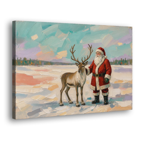 Santa and Reindeer Painting on the Open Snow - Canvas Wall Art