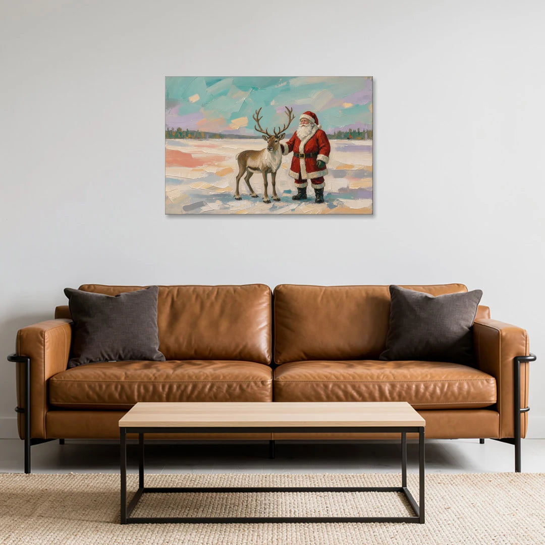 Santa and Reindeer Painting on the Open Snow - Canvas Wall Art - Sofa - 36x24