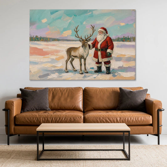 Santa and Reindeer Painting on the Open Snow - Canvas Wall Art - Sofa - 60x40