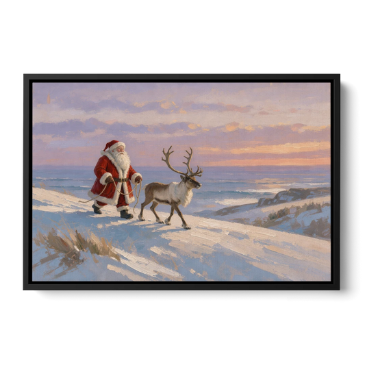 Christmas Santa and Reindeer at Twilight - Black Framed Canvas Wall Art - Front