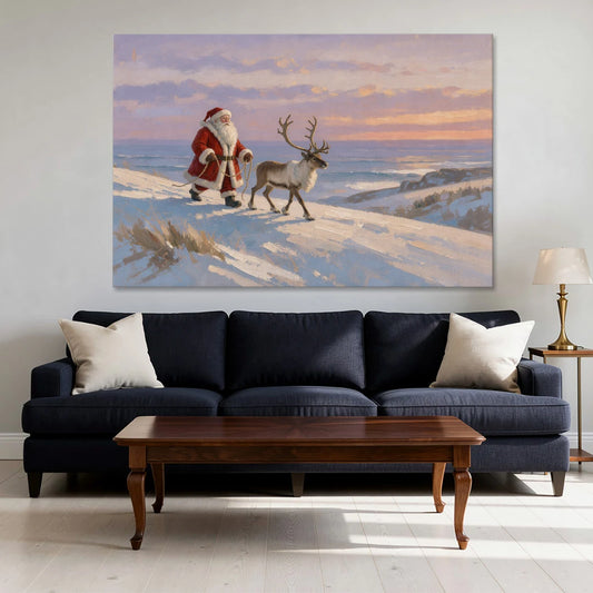 Christmas Santa and Reindeer at Twilight - Canvas Wall Art - Sofa - 60x40