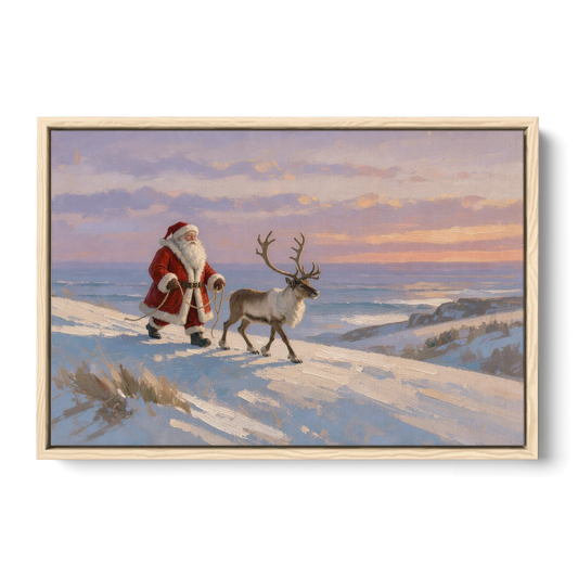 Christmas Santa and Reindeer at Twilight - Oak Framed Canvas Wall Art - Front
