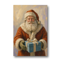 Framed Christmas Santa with the Blue Gift - Canvas Wall Art - Front