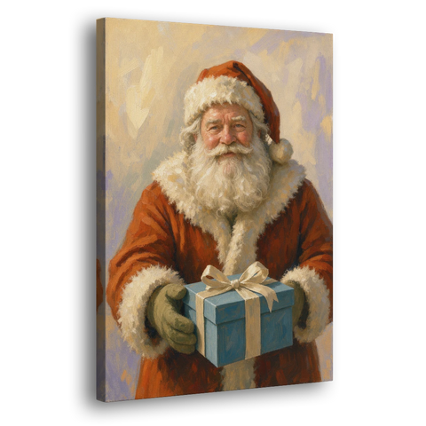 Framed Christmas Santa with the Blue Gift - Canvas Wall Art