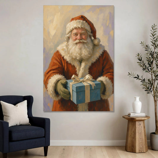 Framed Christmas Santa with the Blue Gift - Canvas Wall Art - Sofa - 40x60