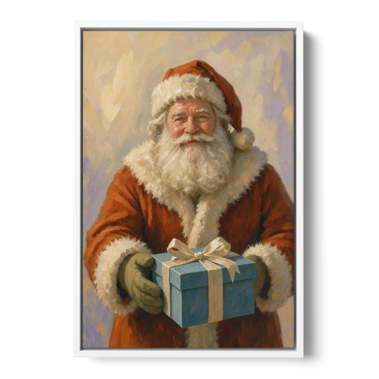 Framed Christmas Santa with the Blue Gift - White Framed Canvas Wall Art - Front