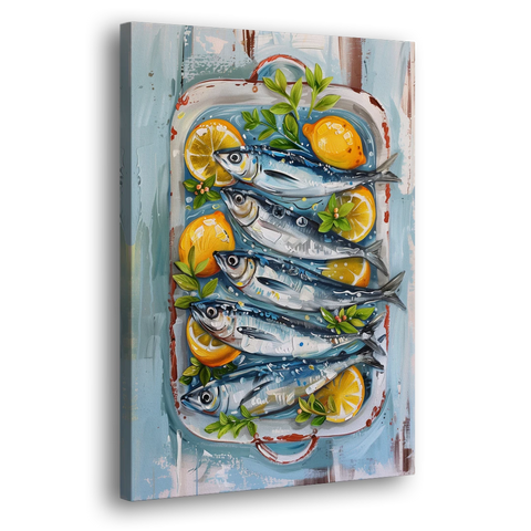 Sardines Painting with Lemon Slices - Canvas Wall Art - Side