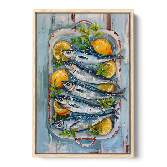 Sardines Painting with Lemon Slices - Oak Framed Canvas Wall Art - Front
