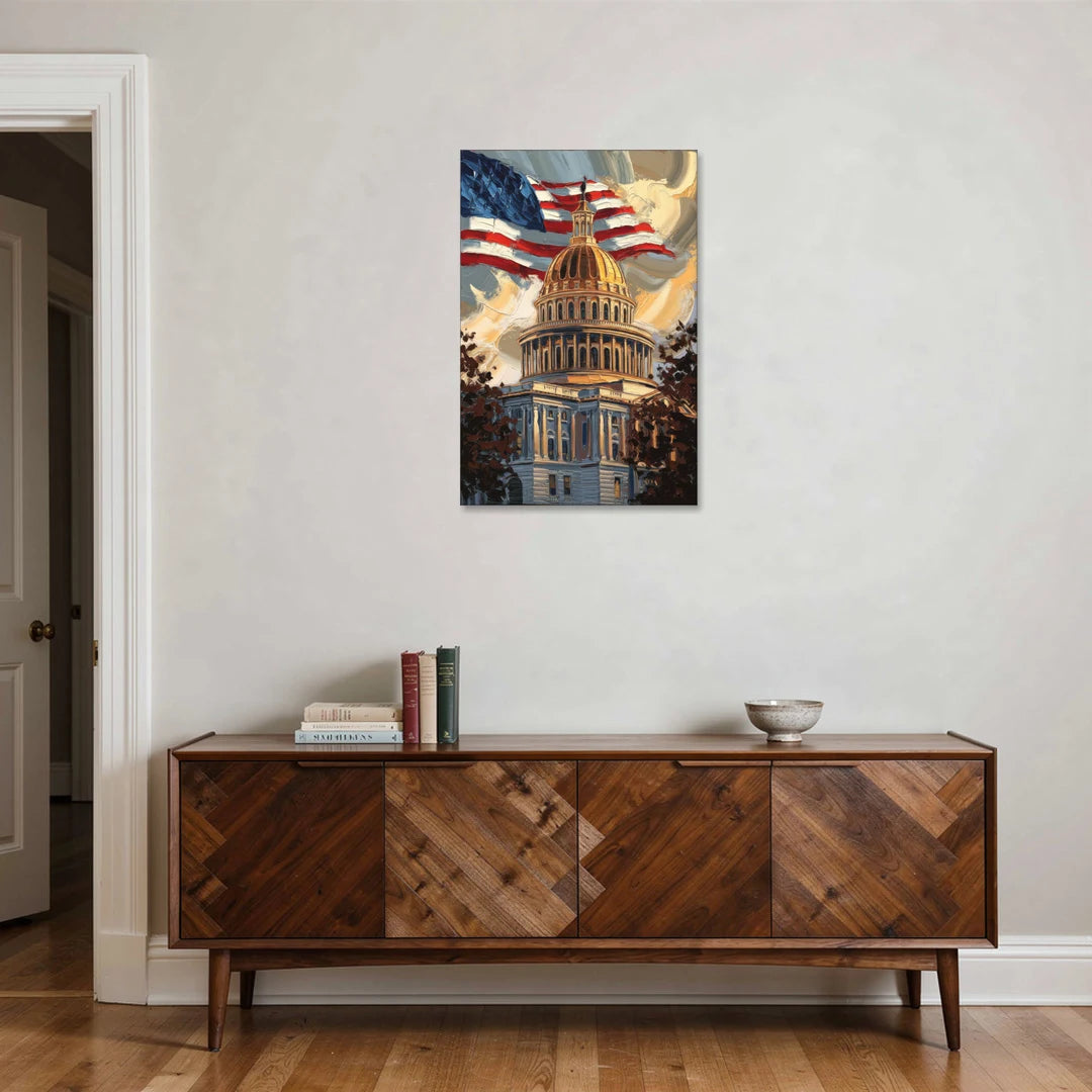 Savannah Capitol with American Flag - Canvas Wall Art - Coffee Table - 24x36