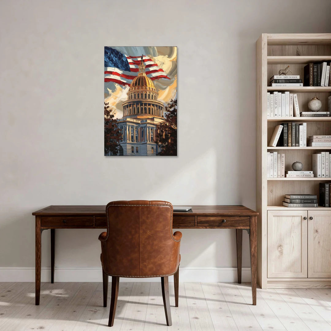 Savannah Capitol with American Flag - Canvas Wall Art - Office - 24x36