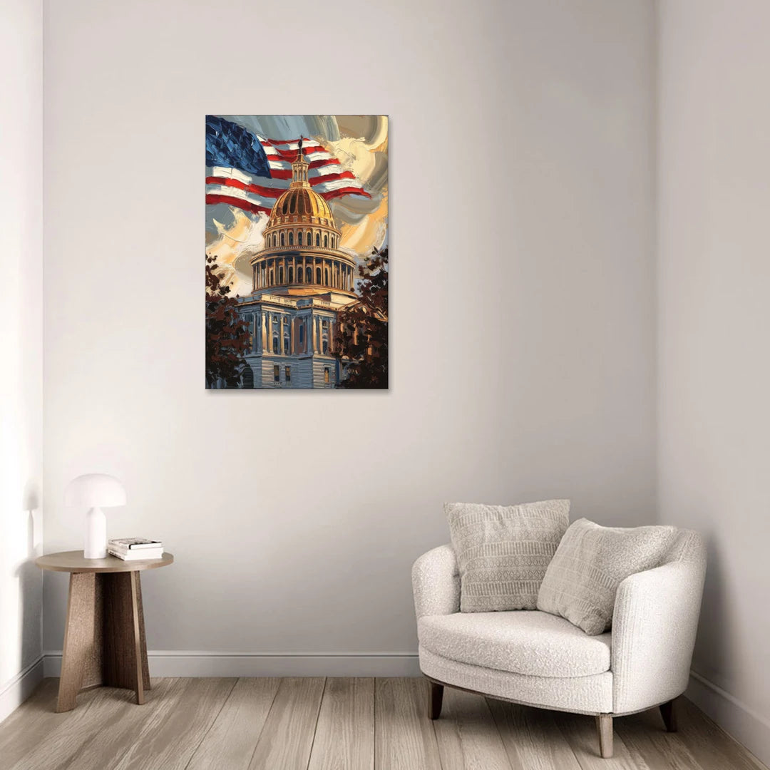 Savannah Capitol with American Flag - Canvas Wall Art - Sofa - 24x36