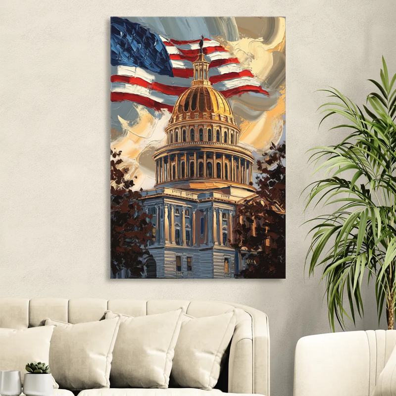 Savannah Capitol with American Flag Sitting Room - Canvas Wall Art