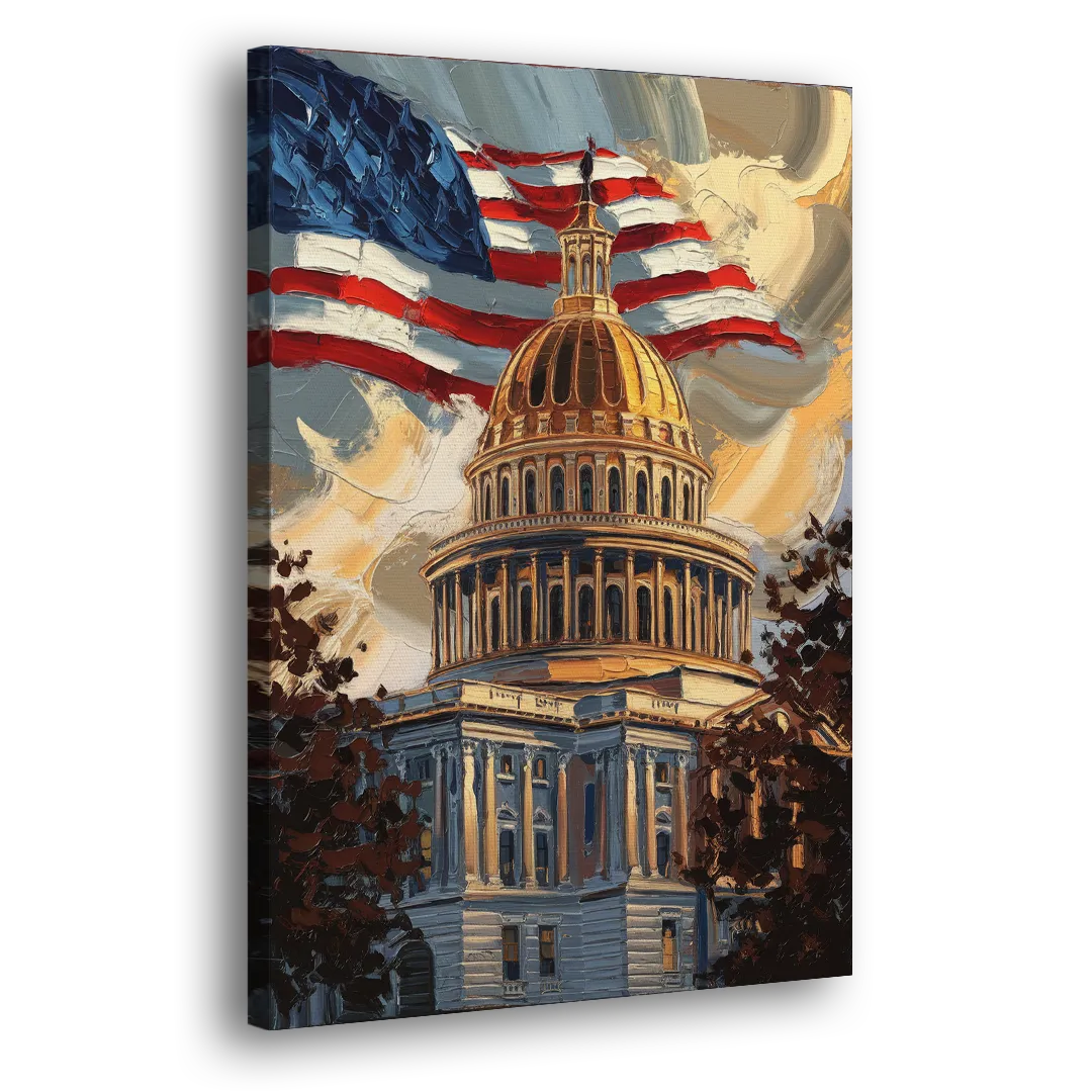 Savannah Capitol with American Flag Side - Canvas Wall Art