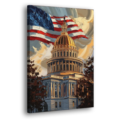 Savannah Capitol with American Flag Side - Canvas Wall Art