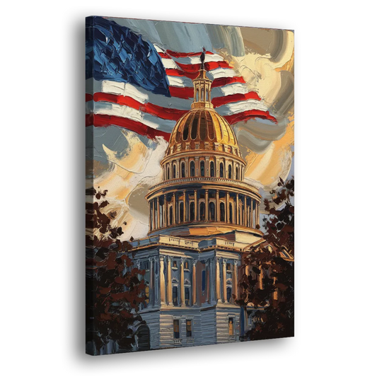 Savannah Capitol with American Flag Side - Canvas Wall Art