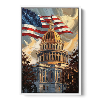 Savannah Capitol with American Flag Front - White Canvas Wall Art