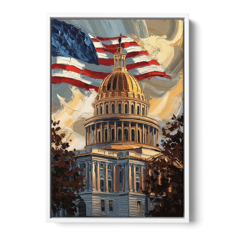 Savannah Capitol with American Flag Front - White Canvas Wall Art