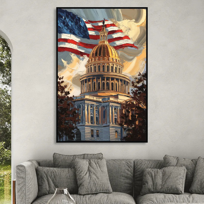 Savannah Capitol with American Flag Sitting Room - Black Canvas Wall Art