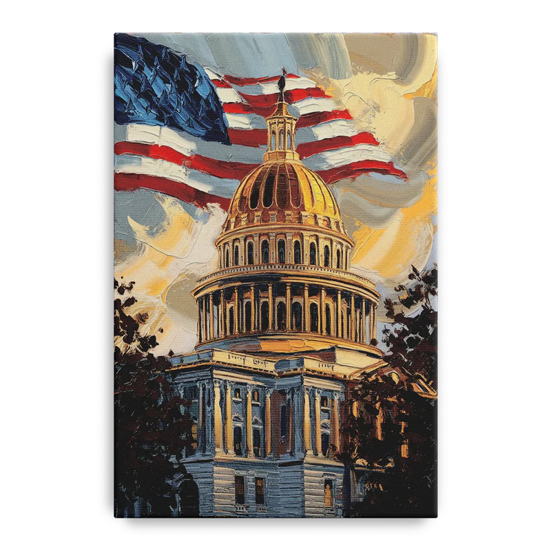 Savannah Capitol with American Flag Front - Canvas Wall Art