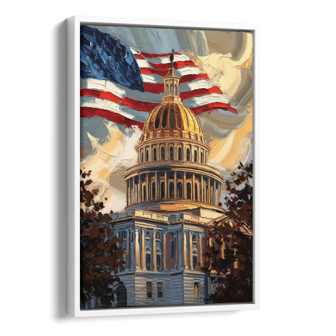 Savannah Capitol with American Flag Side - White Canvas Wall Art