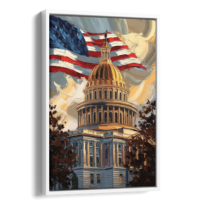 Savannah Capitol with American Flag Side - White Canvas Wall Art