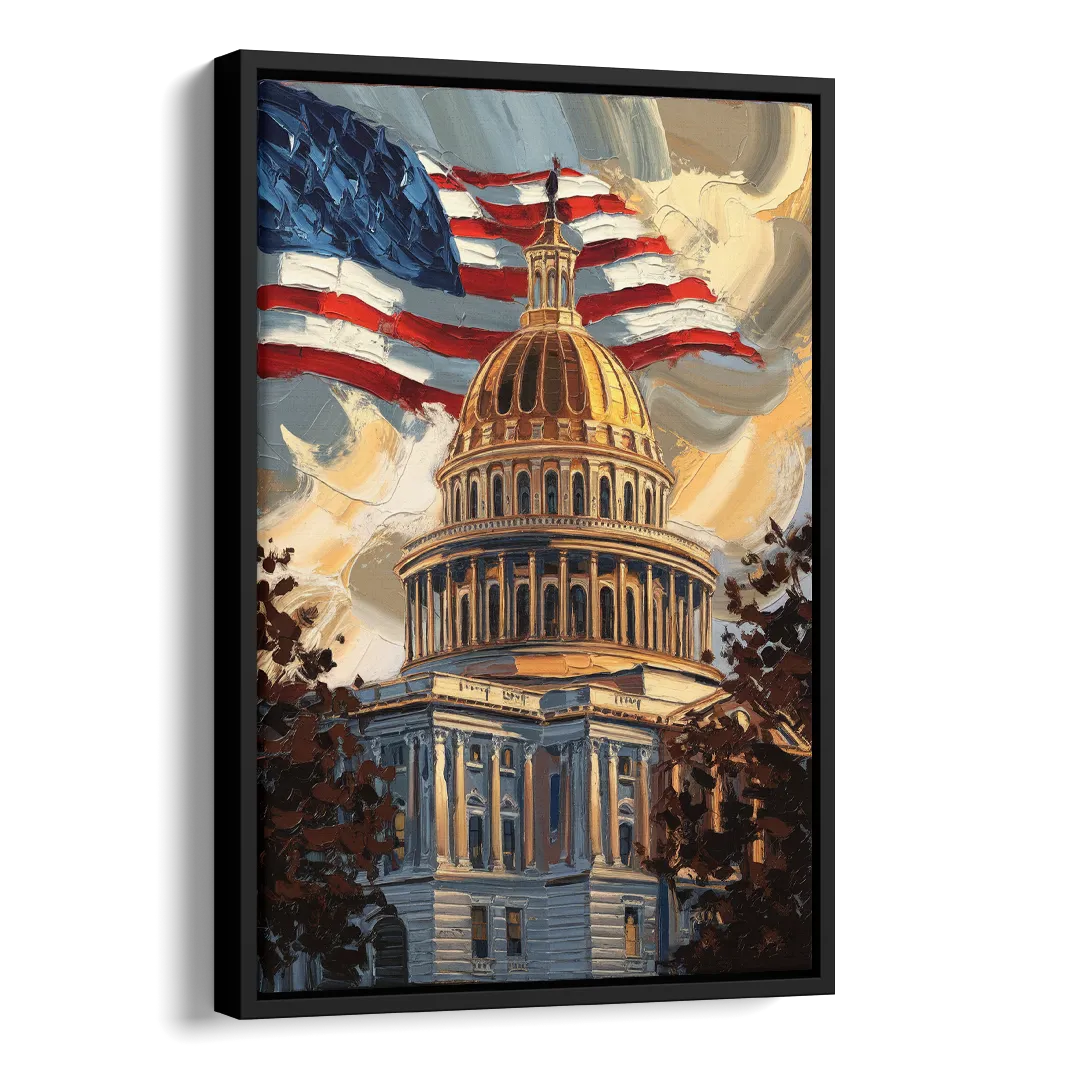 Savannah Capitol with American Flag Side - Black Canvas Wall Art