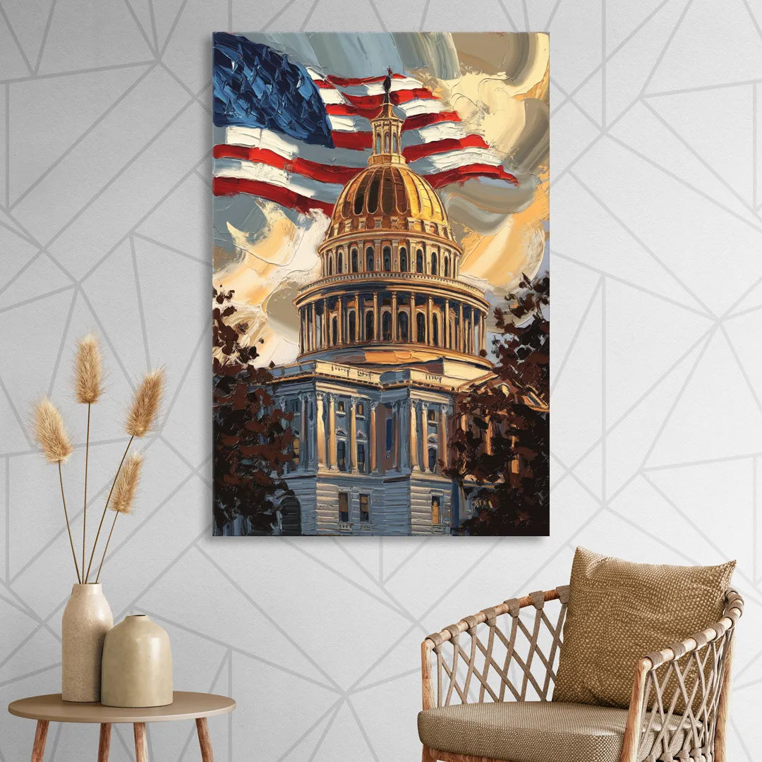 Savannah Capitol with American Flag Living Room - Canvas Wall Art