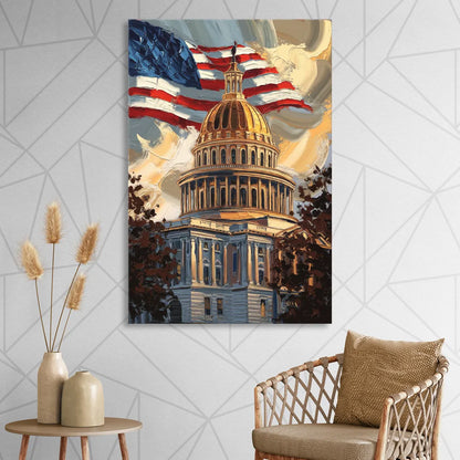Savannah Capitol with American Flag Living Room - Canvas Wall Art