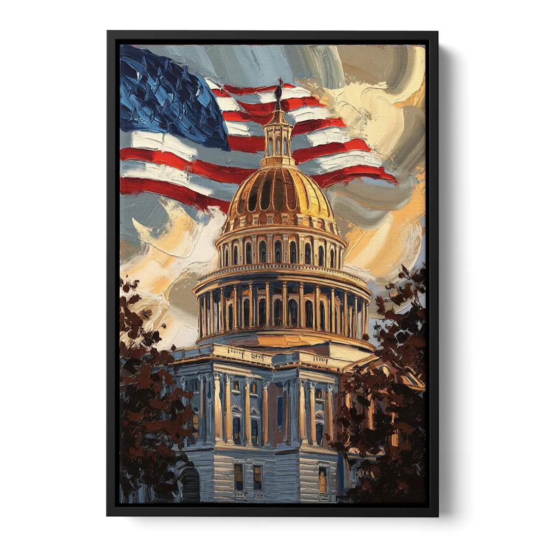 Savannah Capitol with American Flag Front - Black Canvas Wall Art