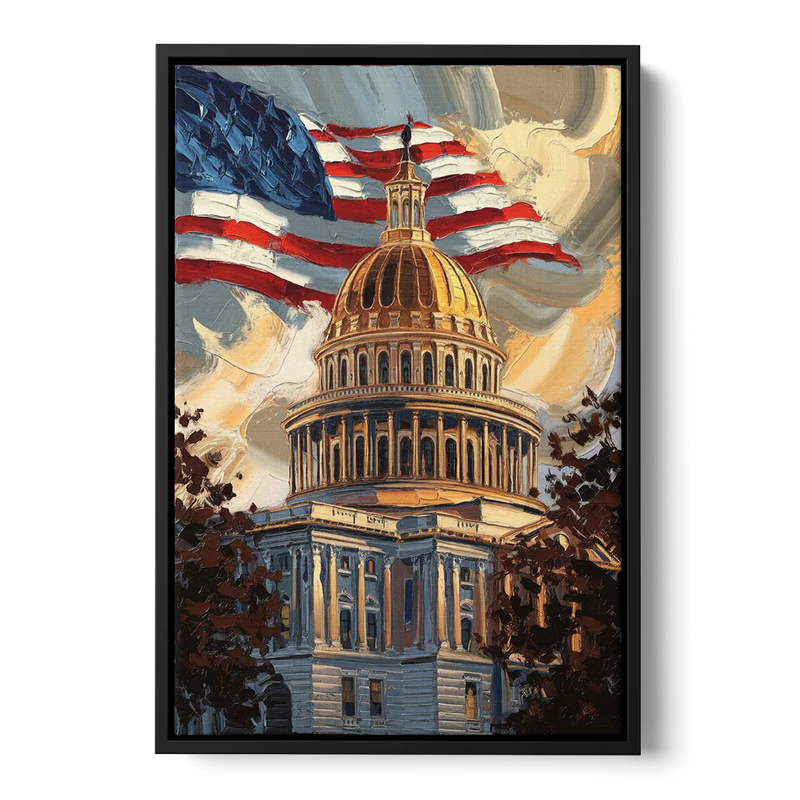 Savannah Capitol with American Flag Front - Black Canvas Wall Art