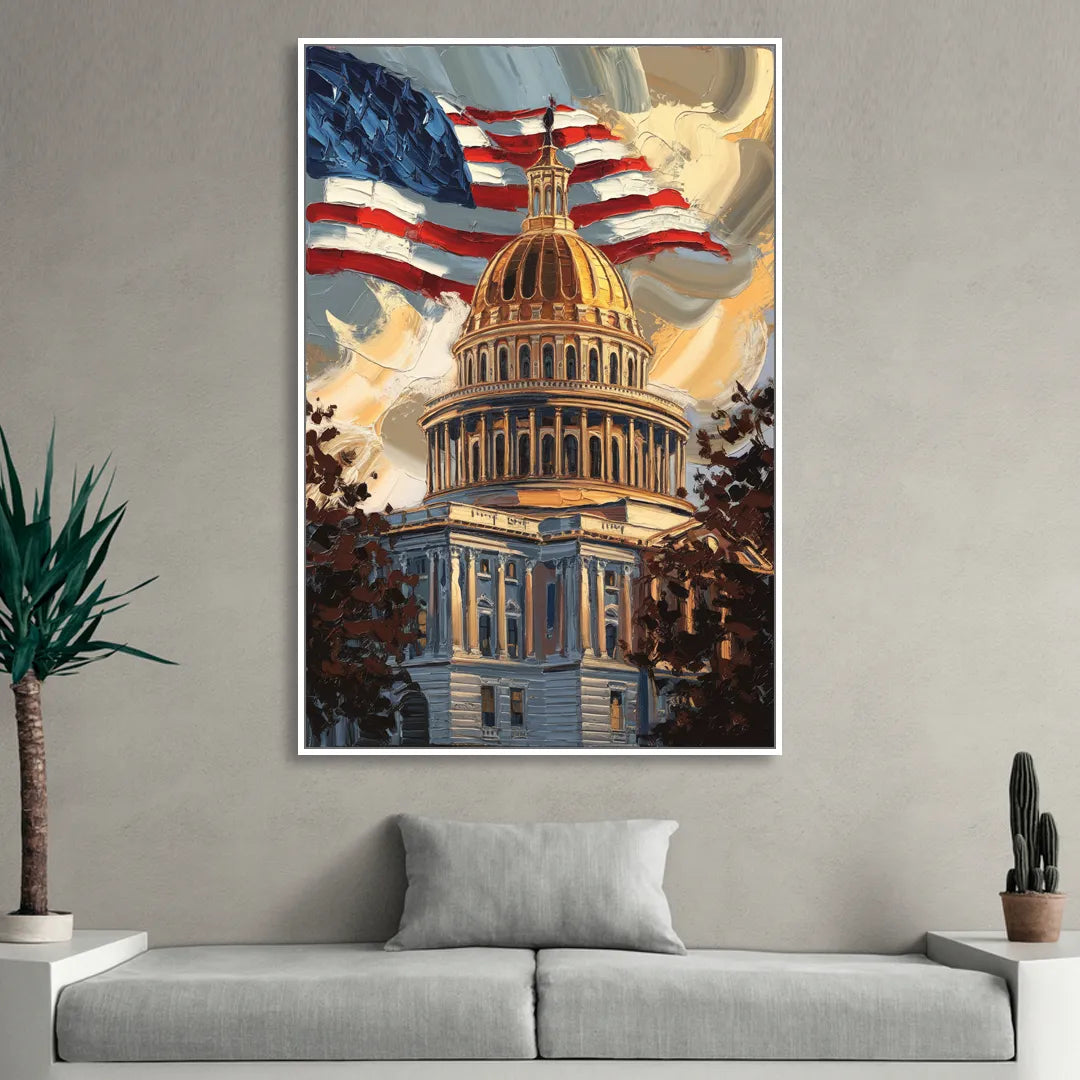 Savannah Capitol with American Flag Living Room - White Canvas Wall Art