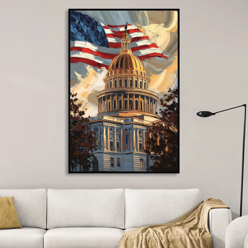 Savannah Capitol with American Flag Living Room - Black Canvas Wall Art