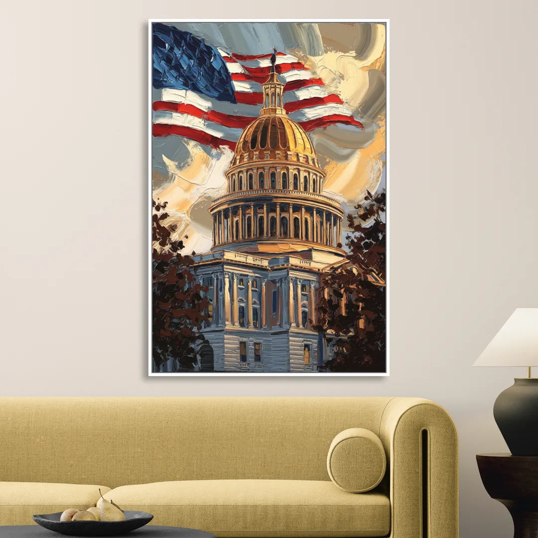 Savannah Capitol with American Flag Sitting Room - White Canvas Wall Art