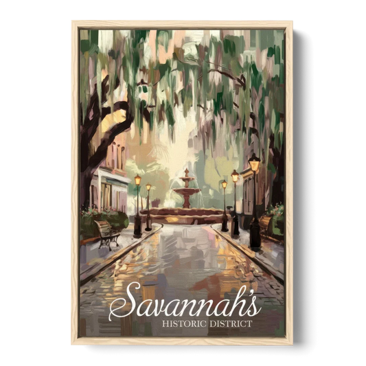 Savannah Historic District Charm - Oak Framed Canvas Wall Art - Front