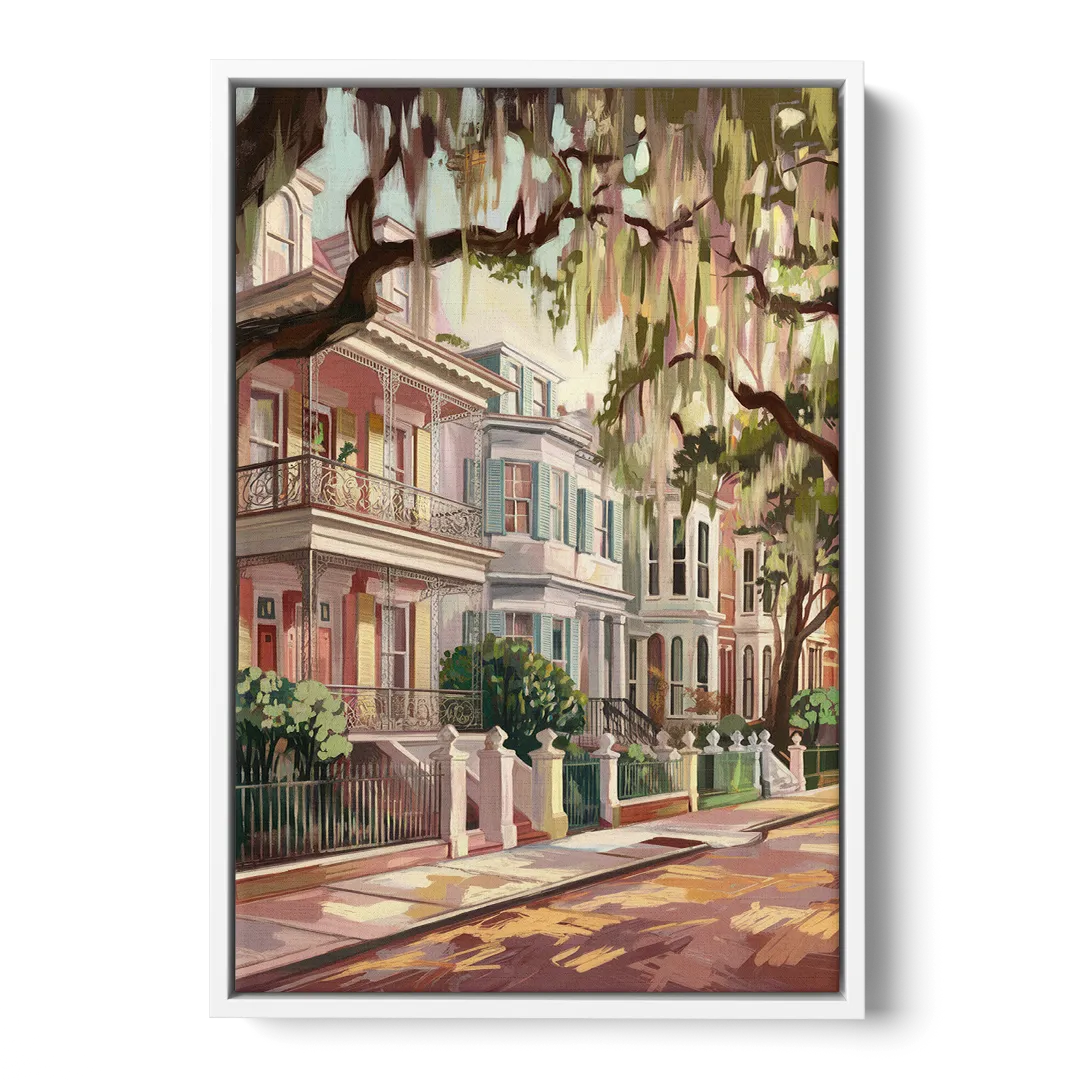 Savannah Historic Homes Front - White Canvas Wall Art