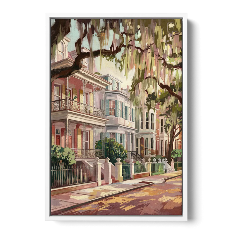 Savannah Historic Homes Front - White Canvas Wall Art