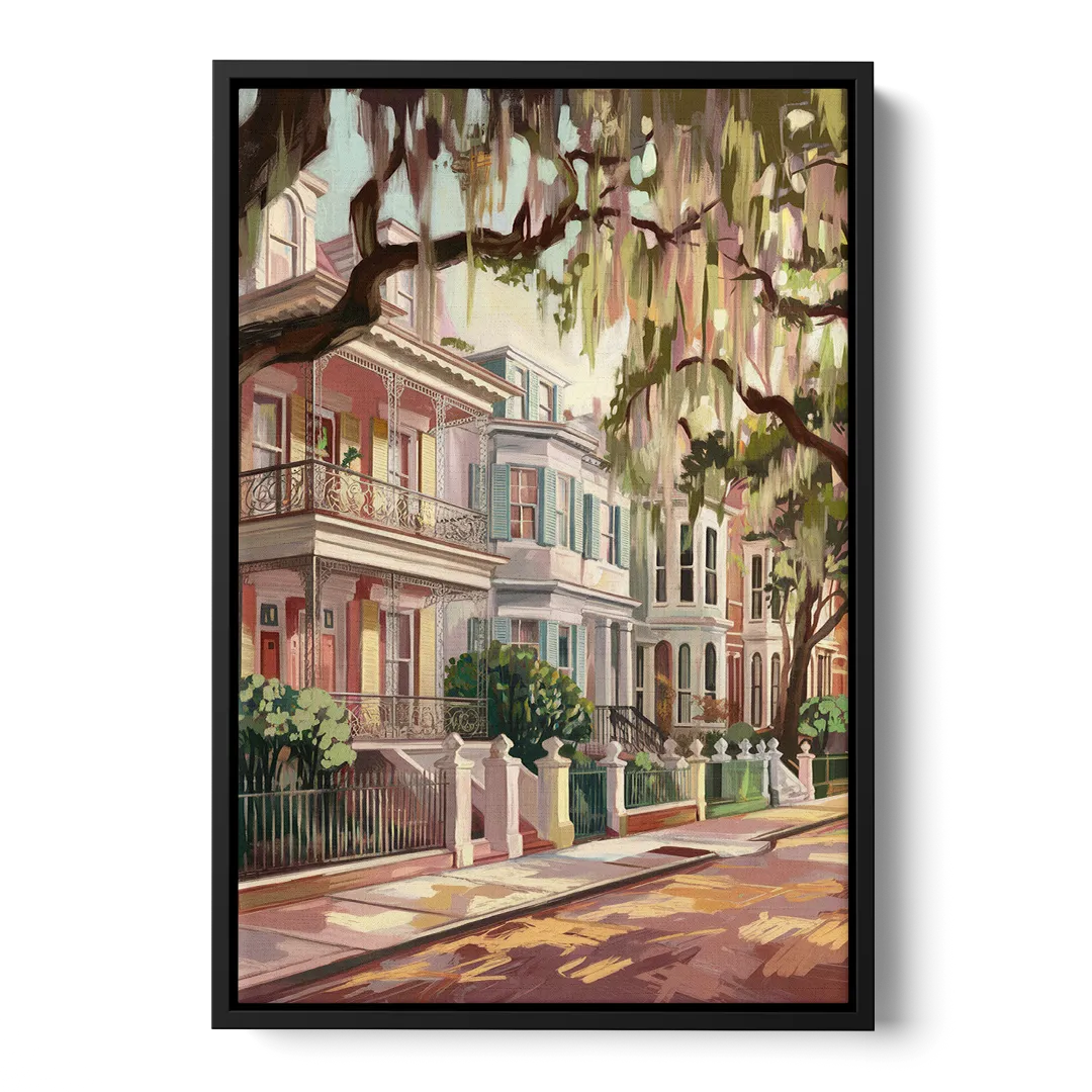 Savannah Historic Homes Front - Black Canvas Wall Art