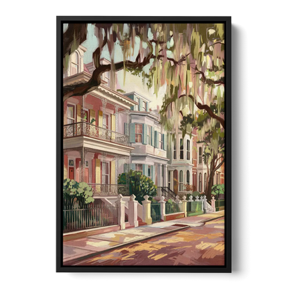 Savannah Historic Homes Front - Black Canvas Wall Art